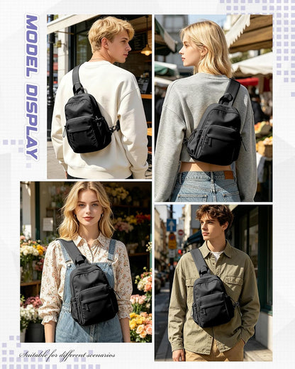 Small Black Sling Crossbody Backpack Shoulder Bag for Men Women, Lightweight One Strap Back Pack Sling Bag Backpack for Hiking Walking Biking Travel Cycling USB Charger Port-Nylon