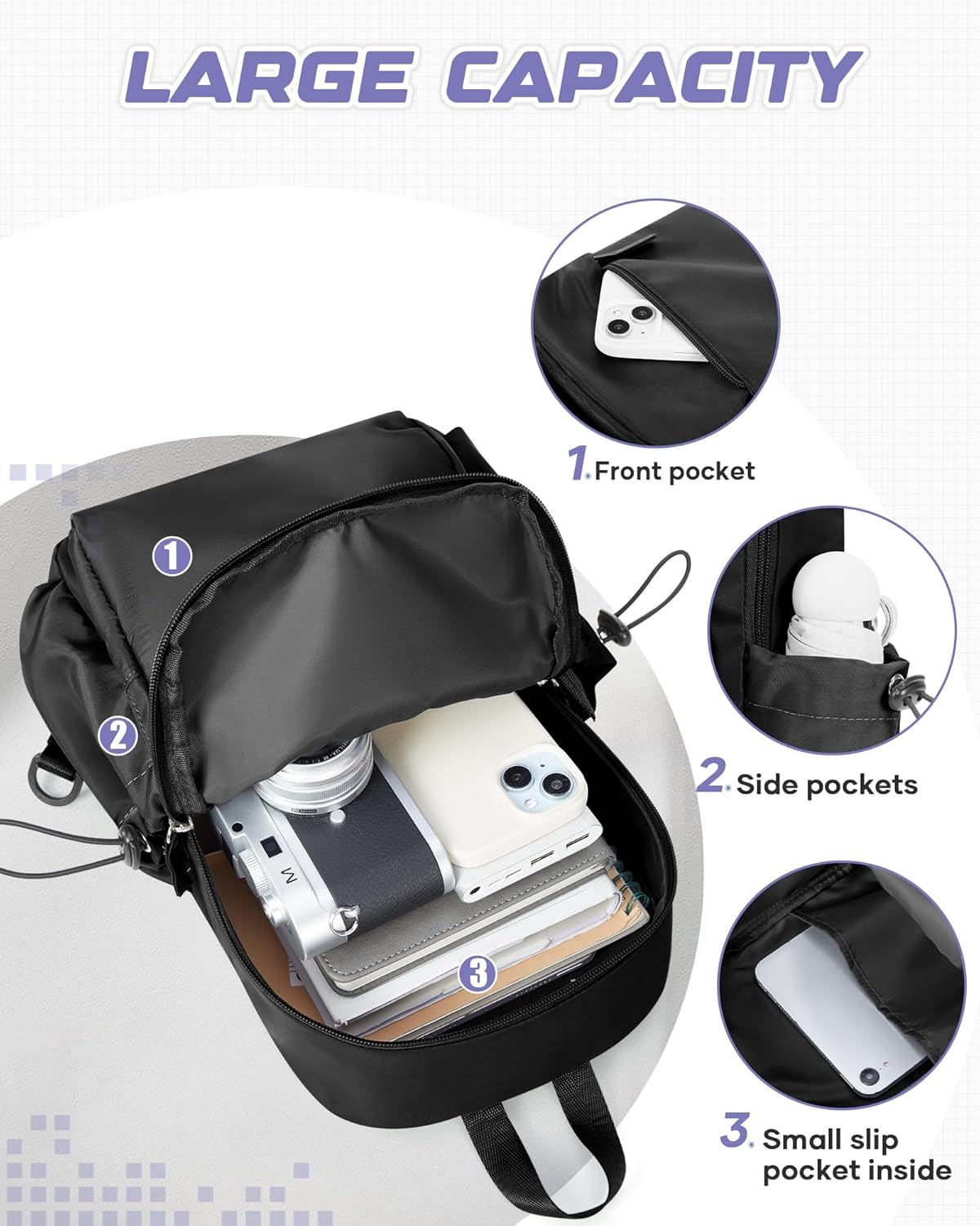 Small Black Sling Crossbody Backpack Shoulder Bag for Men Women, Lightweight One Strap Back Pack Sling Bag Backpack for Hiking Walking Biking Travel Cycling USB Charger Port-Nylon