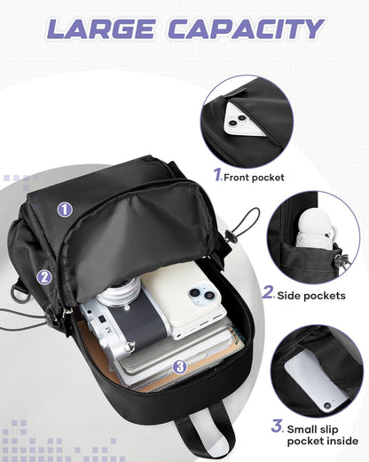 Small Black Sling Crossbody Backpack Shoulder Bag for Men Women, Lightweight One Strap Back Pack Sling Bag Backpack for Hiking Walking Biking Travel Cycling USB Charger Port-Nylon