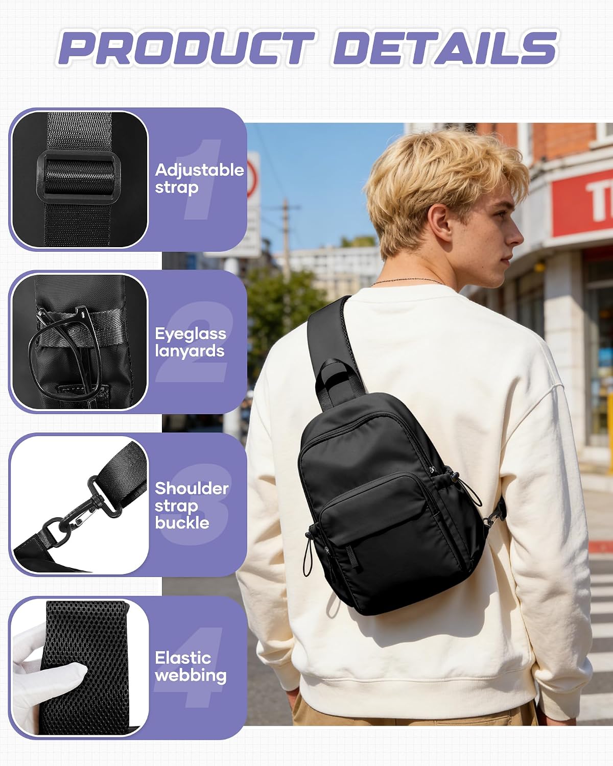 Small Black Sling Crossbody Backpack Shoulder Bag for Men Women, Lightweight One Strap Back Pack Sling Bag Backpack for Hiking Walking Biking Travel Cycling USB Charger Port-Nylon
