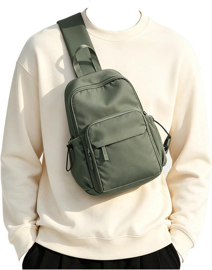 Small Black Sling Crossbody Backpack Shoulder Bag for Men Women, Lightweight One Strap Back Pack Sling Bag Backpack for Hiking Walking Biking Travel Cycling USB Charger Port-Nylon