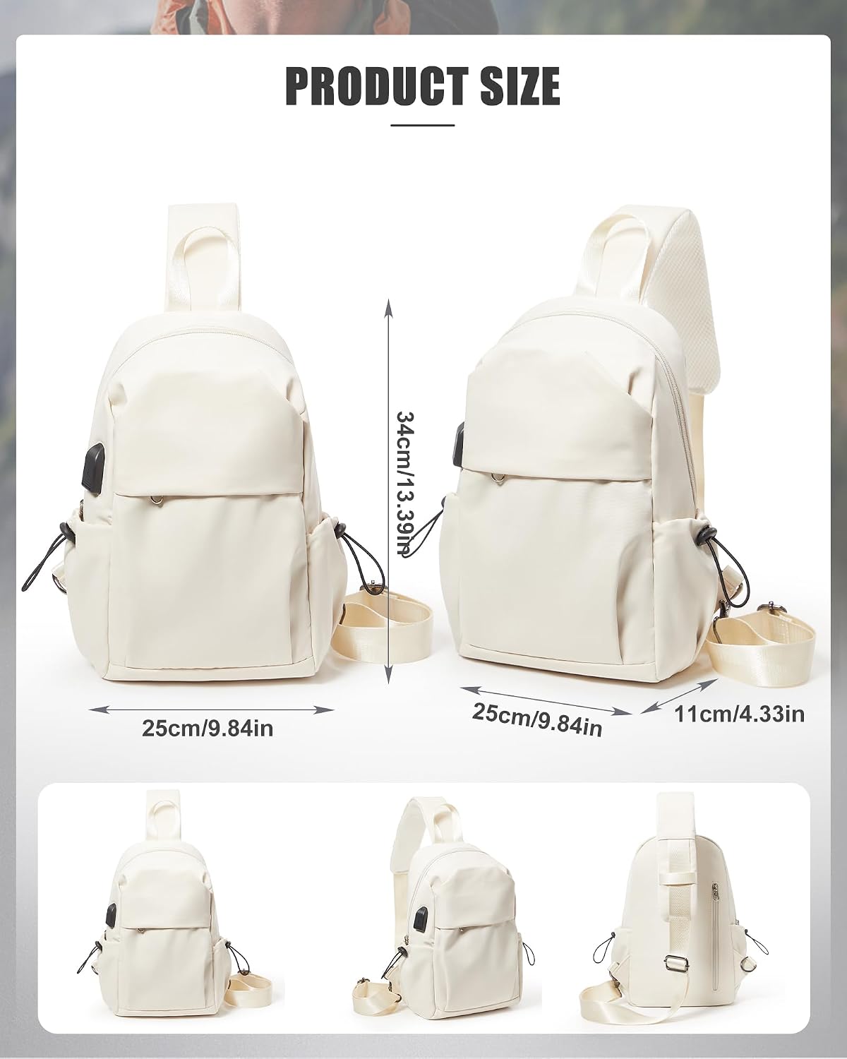 Small Black Sling Crossbody Backpack Shoulder Bag for Men Women, Lightweight One Strap Back Pack Sling Bag Backpack for Hiking Walking Biking Travel Cycling USB Charger Port-Nylon