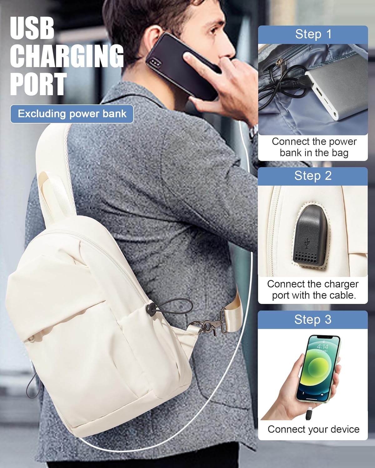 Small Black Sling Crossbody Backpack Shoulder Bag for Men Women, Lightweight One Strap Back Pack Sling Bag Backpack for Hiking Walking Biking Travel Cycling USB Charger Port-Nylon