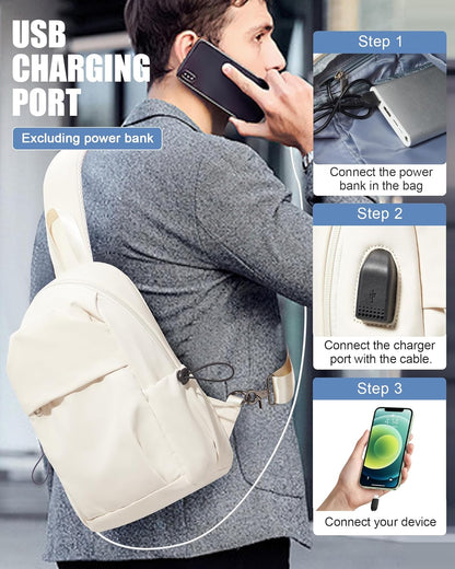 Small Black Sling Crossbody Backpack Shoulder Bag for Men Women, Lightweight One Strap Back Pack Sling Bag Backpack for Hiking Walking Biking Travel Cycling USB Charger Port-Nylon