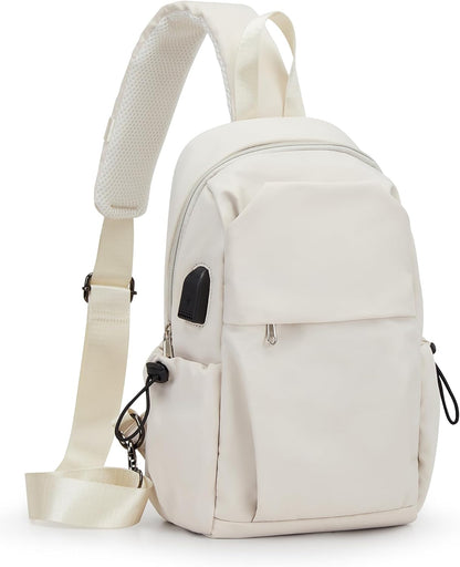 Small Black Sling Crossbody Backpack Shoulder Bag for Men Women, Lightweight One Strap Back Pack Sling Bag Backpack for Hiking Walking Biking Travel Cycling USB Charger Port-Nylon