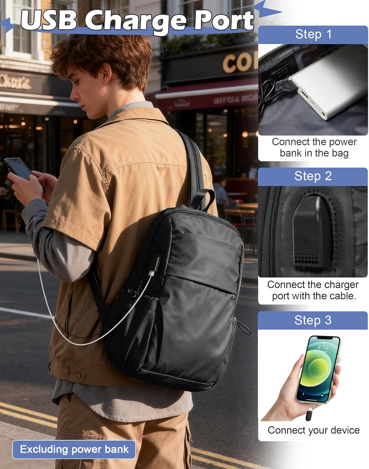 Small Black Sling Crossbody Backpack Shoulder Bag for Men Women, Lightweight One Strap Back Pack Sling Bag Backpack for Hiking Walking Biking Travel Cycling USB Charger Port-Nylon