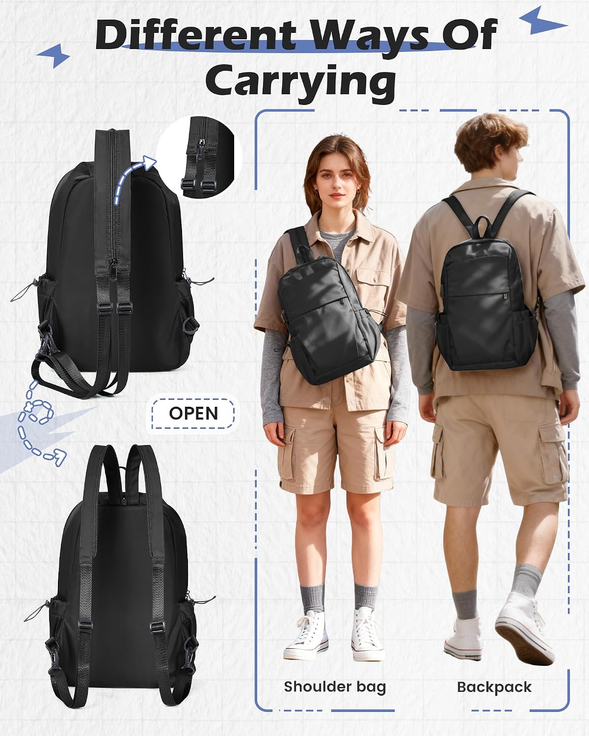 Small Black Sling Crossbody Backpack Shoulder Bag for Men Women, Lightweight One Strap Back Pack Sling Bag Backpack for Hiking Walking Biking Travel Cycling USB Charger Port-Nylon