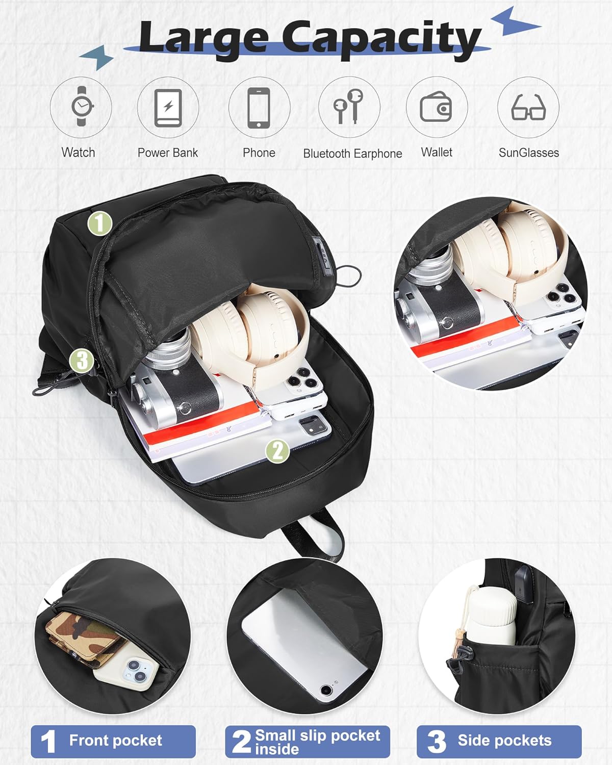 Small Black Sling Crossbody Backpack Shoulder Bag for Men Women, Lightweight One Strap Back Pack Sling Bag Backpack for Hiking Walking Biking Travel Cycling USB Charger Port-Nylon