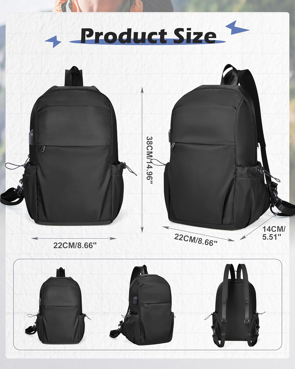 Small Black Sling Crossbody Backpack Shoulder Bag for Men Women, Lightweight One Strap Back Pack Sling Bag Backpack for Hiking Walking Biking Travel Cycling USB Charger Port-Nylon
