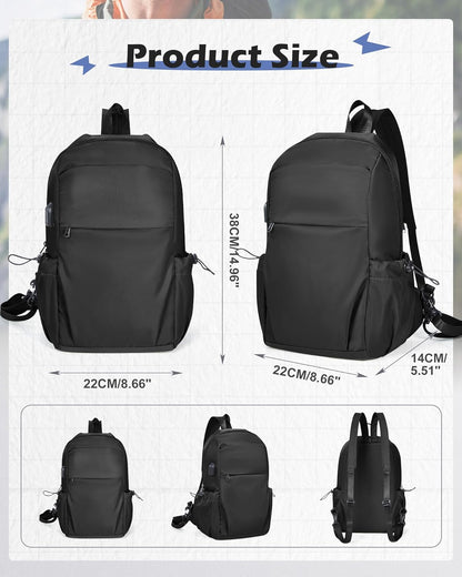Small Black Sling Crossbody Backpack Shoulder Bag for Men Women, Lightweight One Strap Back Pack Sling Bag Backpack for Hiking Walking Biking Travel Cycling USB Charger Port-Nylon
