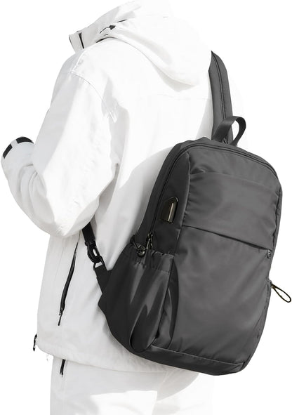 Small Black Sling Crossbody Backpack Shoulder Bag for Men Women, Lightweight One Strap Back Pack Sling Bag Backpack for Hiking Walking Biking Travel Cycling USB Charger Port-Nylon
