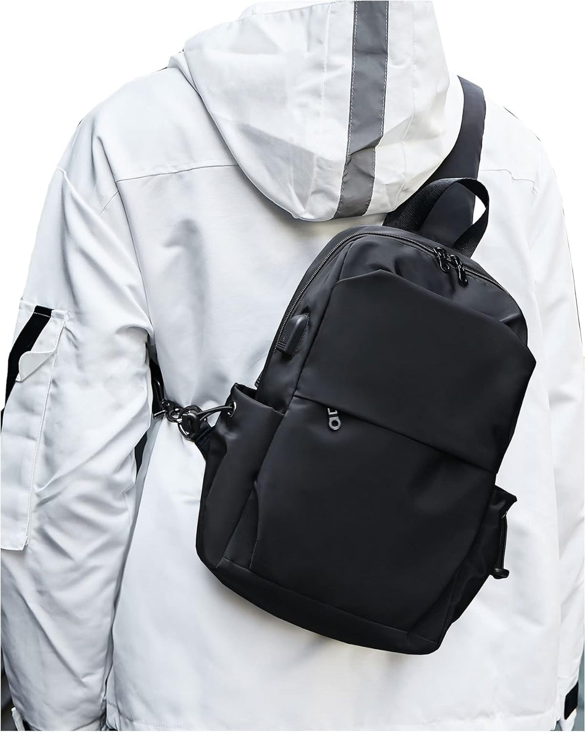 Small Black Sling Crossbody Backpack Shoulder Bag for Men Women, Lightweight One Strap Back Pack Sling Bag Backpack for Hiking Walking Biking Travel Cycling USB Charger Port-Nylon