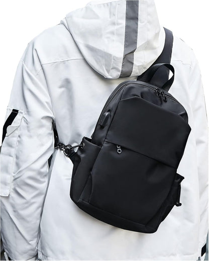 Small Black Sling Crossbody Backpack Shoulder Bag for Men Women, Lightweight One Strap Back Pack Sling Bag Backpack for Hiking Walking Biking Travel Cycling USB Charger Port-Nylon