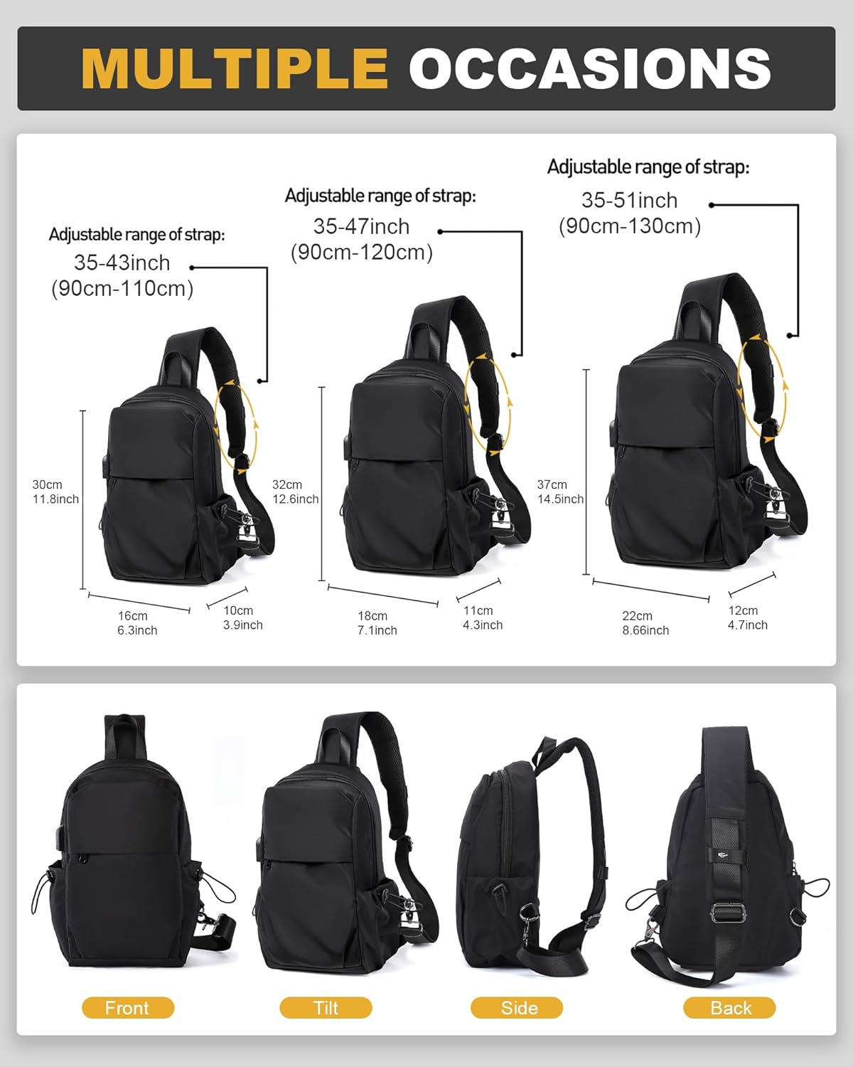 Small Black Sling Crossbody Backpack Shoulder Bag for Men Women, Lightweight One Strap Back Pack Sling Bag Backpack for Hiking Walking Biking Travel Cycling USB Charger Port-Nylon