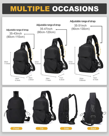 Small Black Sling Crossbody Backpack Shoulder Bag for Men Women, Lightweight One Strap Back Pack Sling Bag Backpack for Hiking Walking Biking Travel Cycling USB Charger Port-Nylon