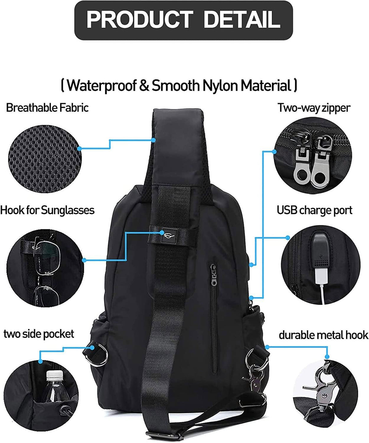 Small Black Sling Crossbody Backpack Shoulder Bag for Men Women, Lightweight One Strap Back Pack Sling Bag Backpack for Hiking Walking Biking Travel Cycling USB Charger Port-Nylon