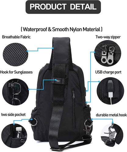 Small Black Sling Crossbody Backpack Shoulder Bag for Men Women, Lightweight One Strap Back Pack Sling Bag Backpack for Hiking Walking Biking Travel Cycling USB Charger Port-Nylon