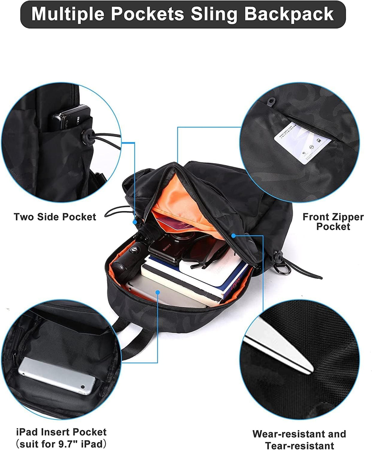 Small Black Sling Crossbody Backpack Shoulder Bag for Men Women, Lightweight One Strap Back Pack Sling Bag Backpack for Hiking Walking Biking Travel Cycling USB Charger Port-Nylon