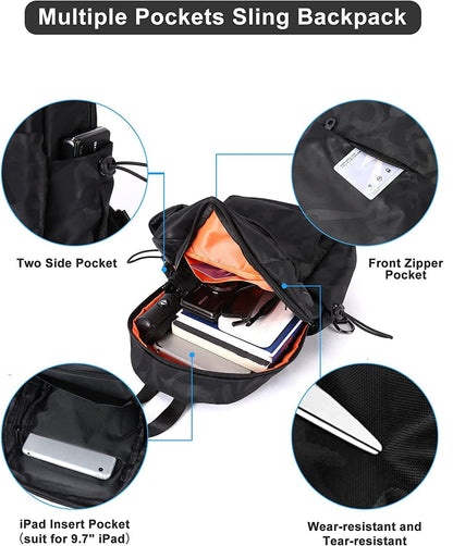Small Black Sling Crossbody Backpack Shoulder Bag for Men Women, Lightweight One Strap Back Pack Sling Bag Backpack for Hiking Walking Biking Travel Cycling USB Charger Port-Nylon