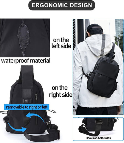 Small Black Sling Crossbody Backpack Shoulder Bag for Men Women, Lightweight One Strap Back Pack Sling Bag Backpack for Hiking Walking Biking Travel Cycling USB Charger Port-Nylon