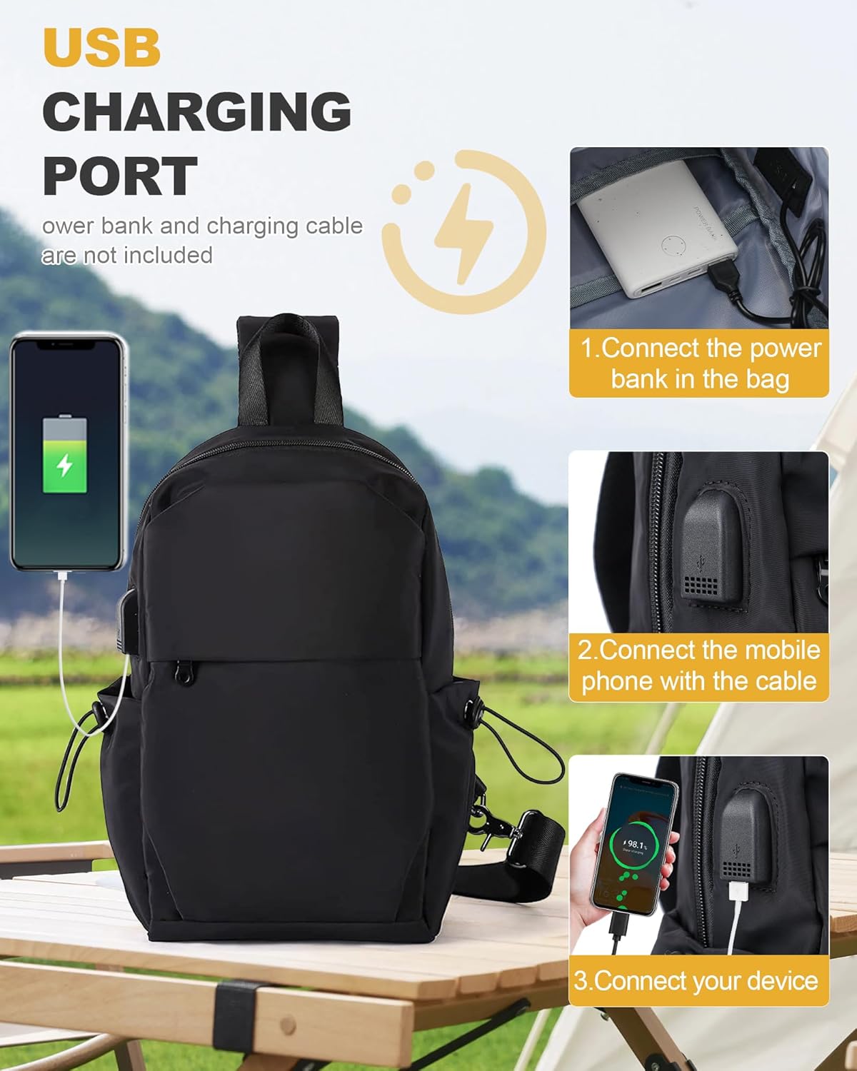 Small Black Sling Crossbody Backpack Shoulder Bag for Men Women, Lightweight One Strap Back Pack Sling Bag Backpack for Hiking Walking Biking Travel Cycling USB Charger Port-Nylon