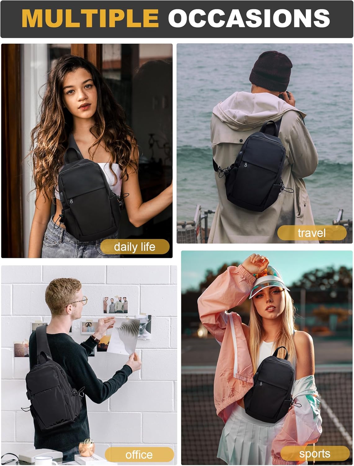 Small Black Sling Crossbody Backpack Shoulder Bag for Men Women, Lightweight One Strap Back Pack Sling Bag Backpack for Hiking Walking Biking Travel Cycling USB Charger Port-Nylon