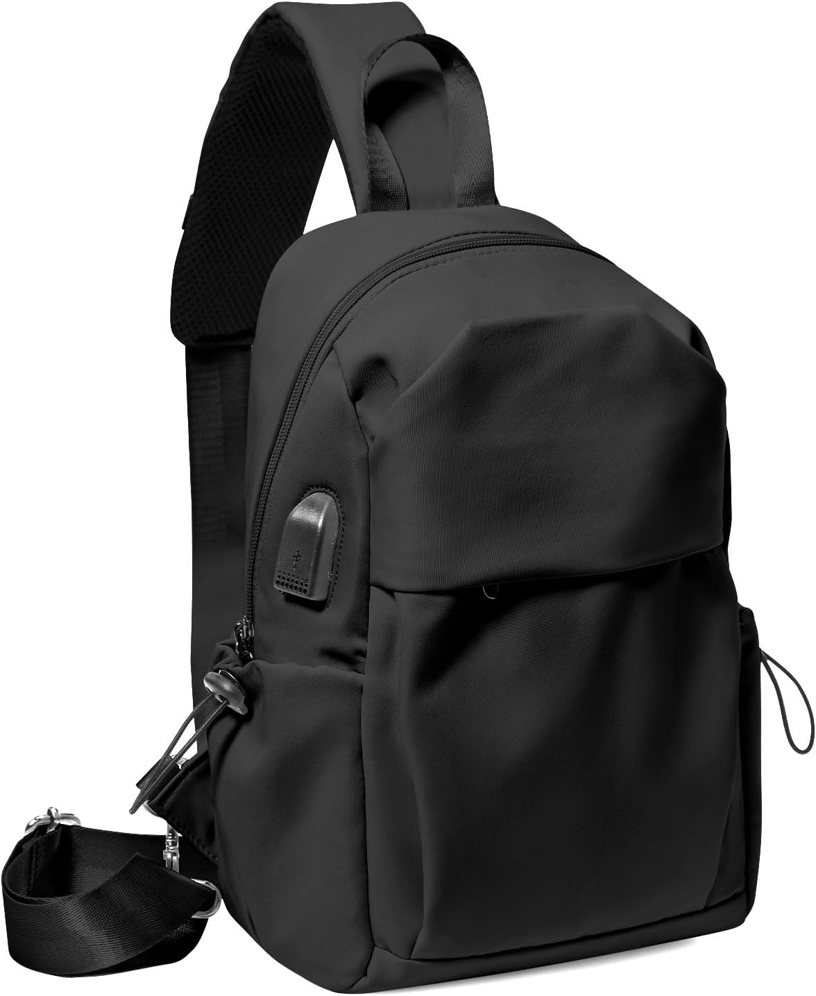 Small Black Sling Crossbody Backpack Shoulder Bag for Men Women, Lightweight One Strap Back Pack Sling Bag Backpack for Hiking Walking Biking Travel Cycling USB Charger Port-Nylon