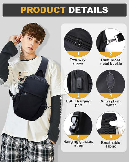 Small Black Sling Crossbody Backpack Shoulder Bag for Men Women, Lightweight One Strap Back Pack Sling Bag Backpack for Hiking Walking Biking Travel Cycling USB Charger Port-Nylon