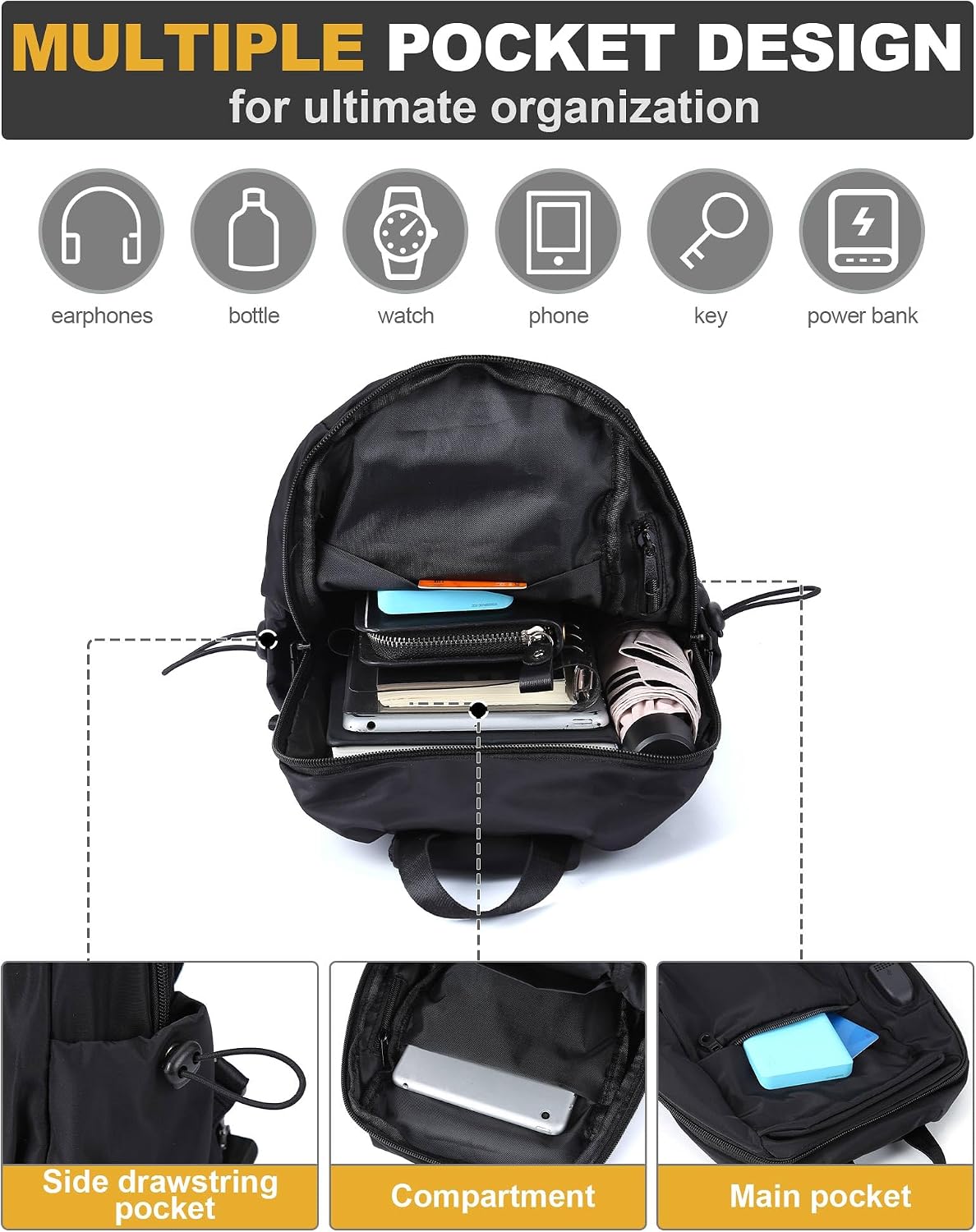 Small Black Sling Crossbody Backpack Shoulder Bag for Men Women, Lightweight One Strap Back Pack Sling Bag Backpack for Hiking Walking Biking Travel Cycling USB Charger Port-Nylon
