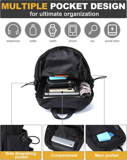 Small Black Sling Crossbody Backpack Shoulder Bag for Men Women, Lightweight One Strap Back Pack Sling Bag Backpack for Hiking Walking Biking Travel Cycling USB Charger Port-Nylon