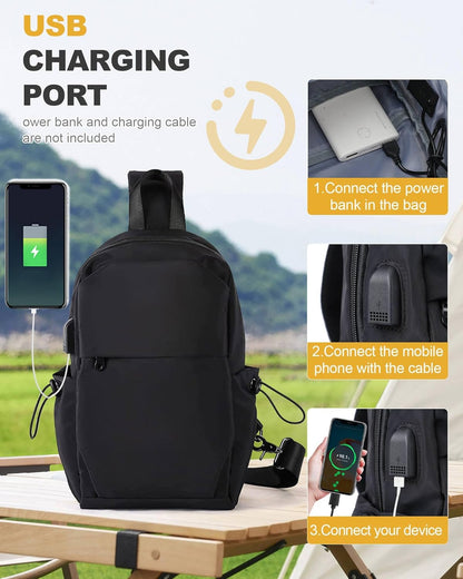Small Black Sling Crossbody Backpack Shoulder Bag for Men Women, Lightweight One Strap Back Pack Sling Bag Backpack for Hiking Walking Biking Travel Cycling USB Charger Port-Nylon