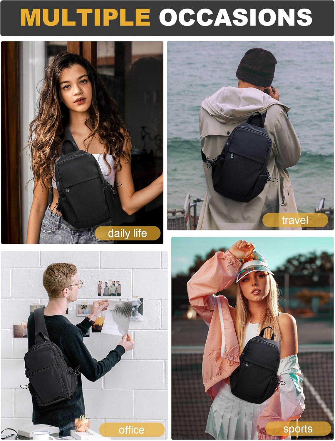 Small Black Sling Crossbody Backpack Shoulder Bag for Men Women, Lightweight One Strap Back Pack Sling Bag Backpack for Hiking Walking Biking Travel Cycling USB Charger Port-Nylon