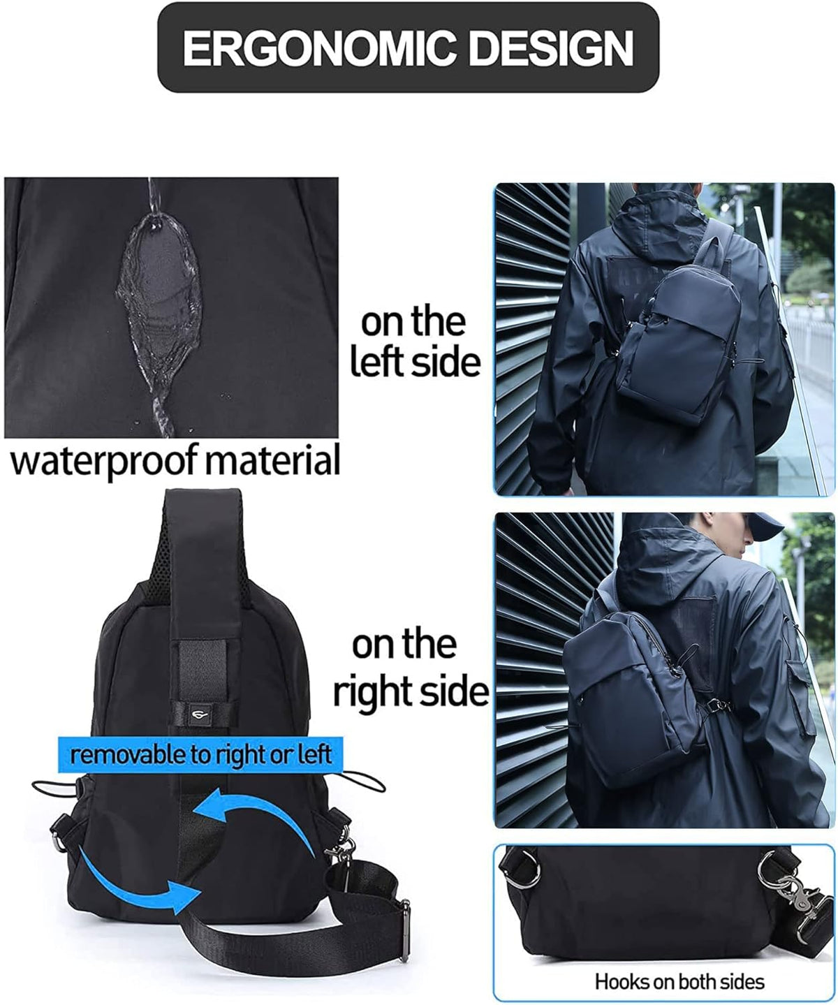 Small Black Sling Crossbody Backpack Shoulder Bag for Men Women, Lightweight One Strap Back Pack Sling Bag Backpack for Hiking Walking Biking Travel Cycling USB Charger Port-Nylon