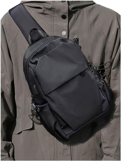 Small Black Sling Crossbody Backpack Shoulder Bag for Men Women, Lightweight One Strap Back Pack Sling Bag Backpack for Hiking Walking Biking Travel Cycling USB Charger Port-Nylon