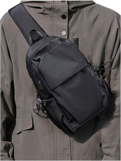 Small Black Sling Crossbody Backpack Shoulder Bag for Men Women, Lightweight One Strap Back Pack Sling Bag Backpack for Hiking Walking Biking Travel Cycling USB Charger Port-Nylon