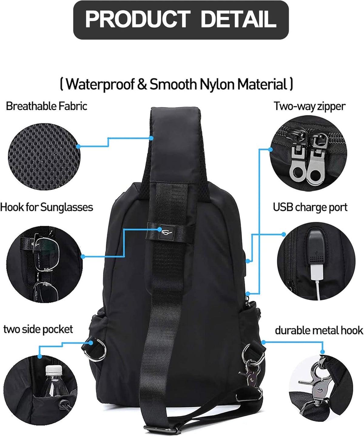Small Black Sling Crossbody Backpack Shoulder Bag for Men Women, Lightweight One Strap Back Pack Sling Bag Backpack for Hiking Walking Biking Travel Cycling USB Charger Port-Nylon