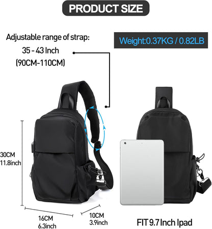 Small Black Sling Crossbody Backpack Shoulder Bag for Men Women, Lightweight One Strap Back Pack Sling Bag Backpack for Hiking Walking Biking Travel Cycling USB Charger Port-Nylon