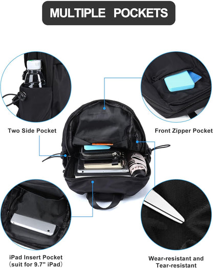 Small Black Sling Crossbody Backpack Shoulder Bag for Men Women, Lightweight One Strap Back Pack Sling Bag Backpack for Hiking Walking Biking Travel Cycling USB Charger Port-Nylon