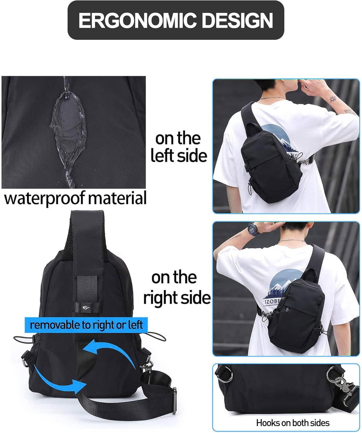 Small Black Sling Crossbody Backpack Shoulder Bag for Men Women, Lightweight One Strap Back Pack Sling Bag Backpack for Hiking Walking Biking Travel Cycling USB Charger Port-Nylon
