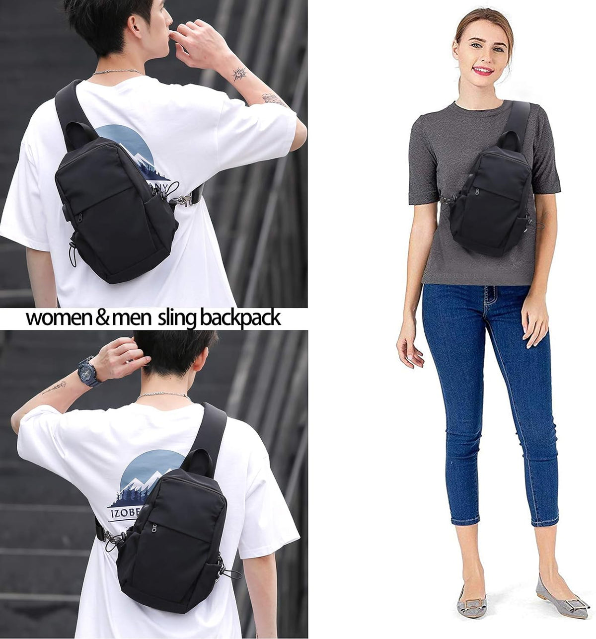 Small Black Sling Crossbody Backpack Shoulder Bag for Men Women, Lightweight One Strap Back Pack Sling Bag Backpack for Hiking Walking Biking Travel Cycling USB Charger Port-Nylon