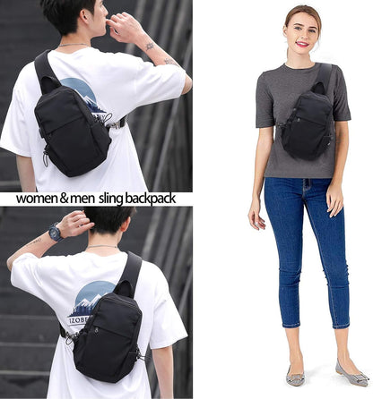 Small Black Sling Crossbody Backpack Shoulder Bag for Men Women, Lightweight One Strap Back Pack Sling Bag Backpack for Hiking Walking Biking Travel Cycling USB Charger Port-Nylon