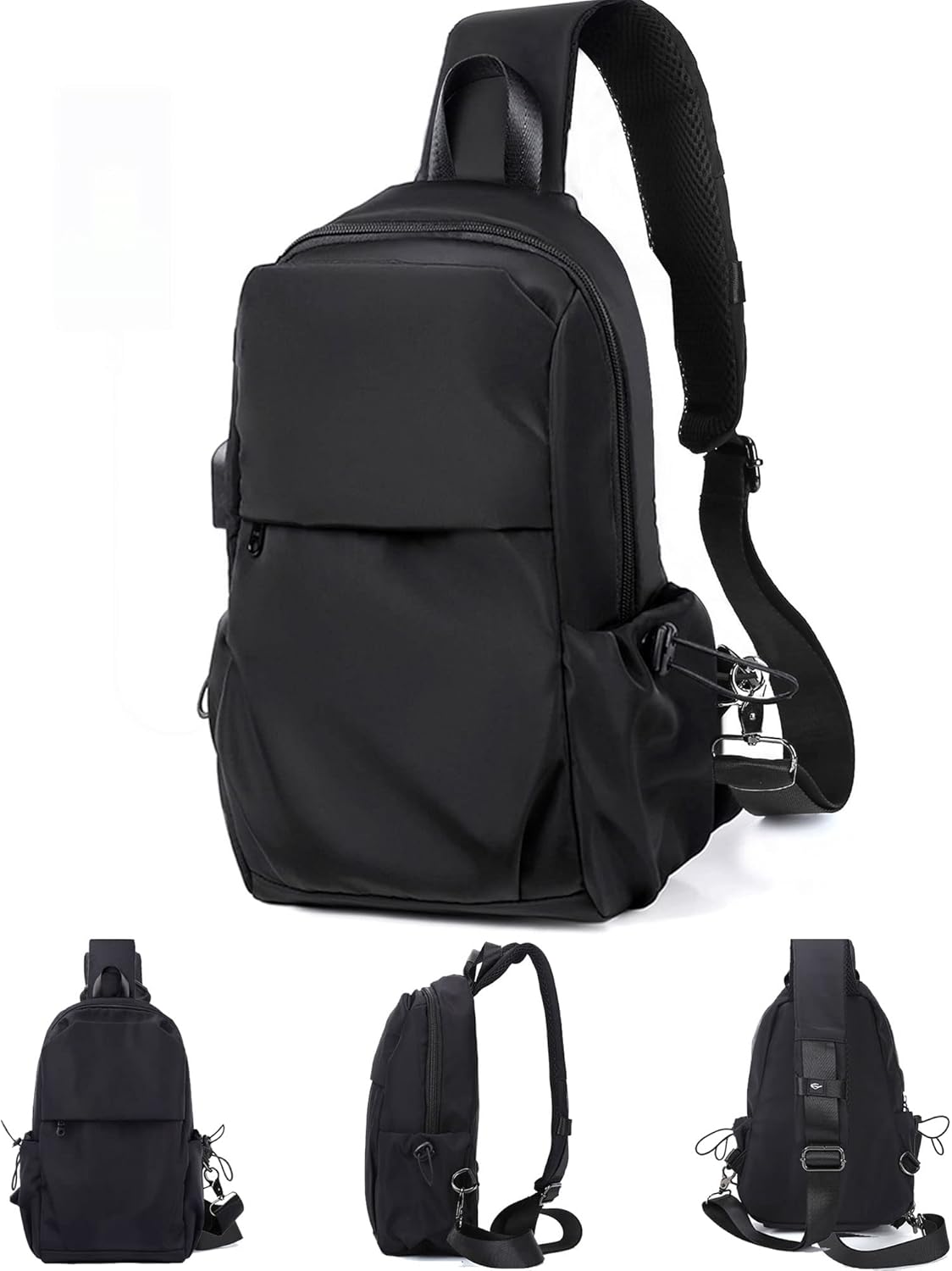 Small Black Sling Crossbody Backpack Shoulder Bag for Men Women, Lightweight One Strap Back Pack Sling Bag Backpack for Hiking Walking Biking Travel Cycling USB Charger Port-Nylon