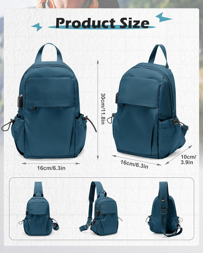 Small Black Sling Crossbody Backpack Shoulder Bag for Men Women, Lightweight One Strap Back Pack Sling Bag Backpack for Hiking Walking Biking Travel Cycling USB Charger Port-Nylon