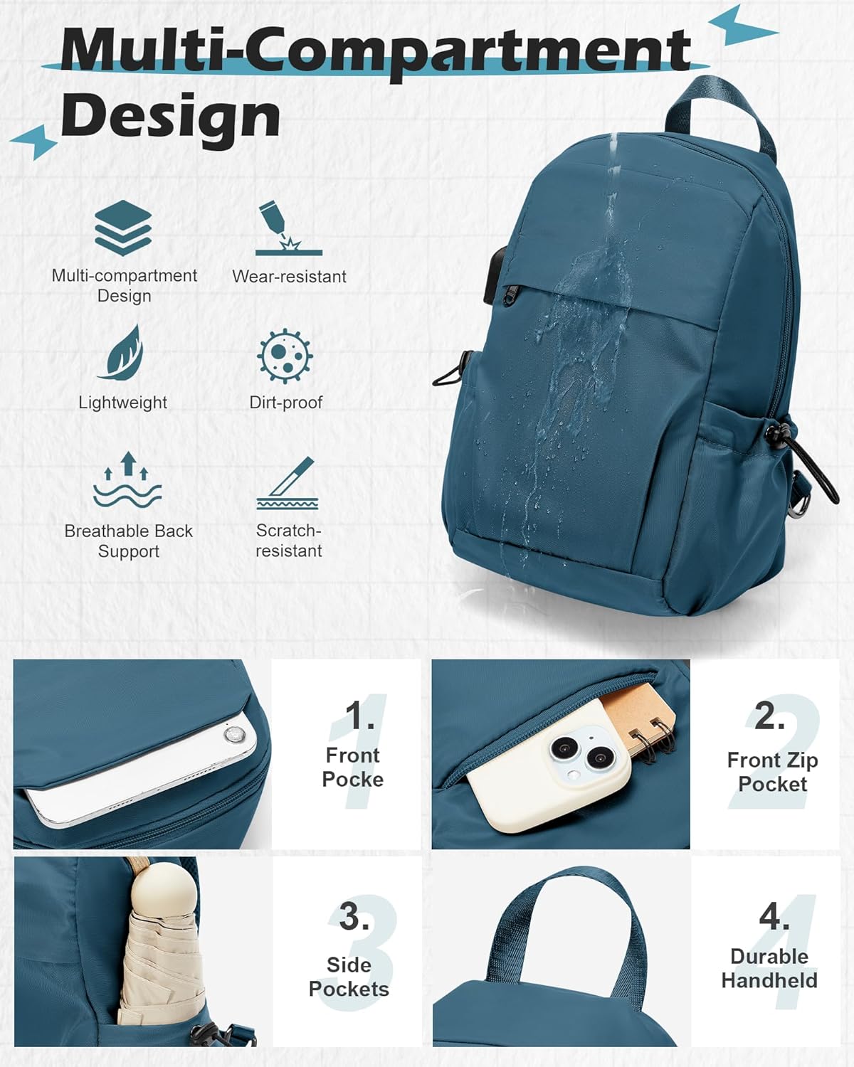 Small Black Sling Crossbody Backpack Shoulder Bag for Men Women, Lightweight One Strap Back Pack Sling Bag Backpack for Hiking Walking Biking Travel Cycling USB Charger Port-Nylon