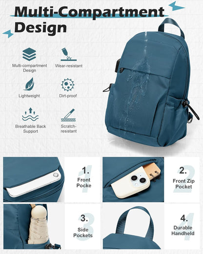 Small Black Sling Crossbody Backpack Shoulder Bag for Men Women, Lightweight One Strap Back Pack Sling Bag Backpack for Hiking Walking Biking Travel Cycling USB Charger Port-Nylon
