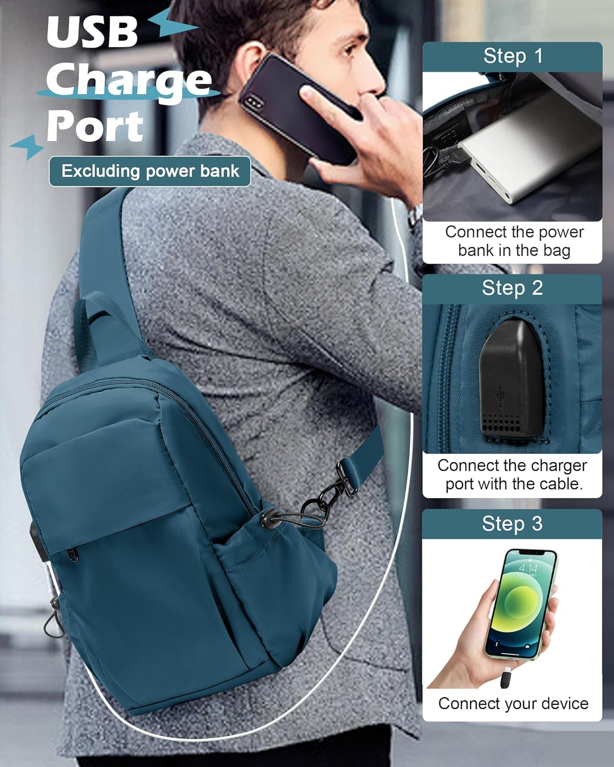 Small Black Sling Crossbody Backpack Shoulder Bag for Men Women, Lightweight One Strap Back Pack Sling Bag Backpack for Hiking Walking Biking Travel Cycling USB Charger Port-Nylon