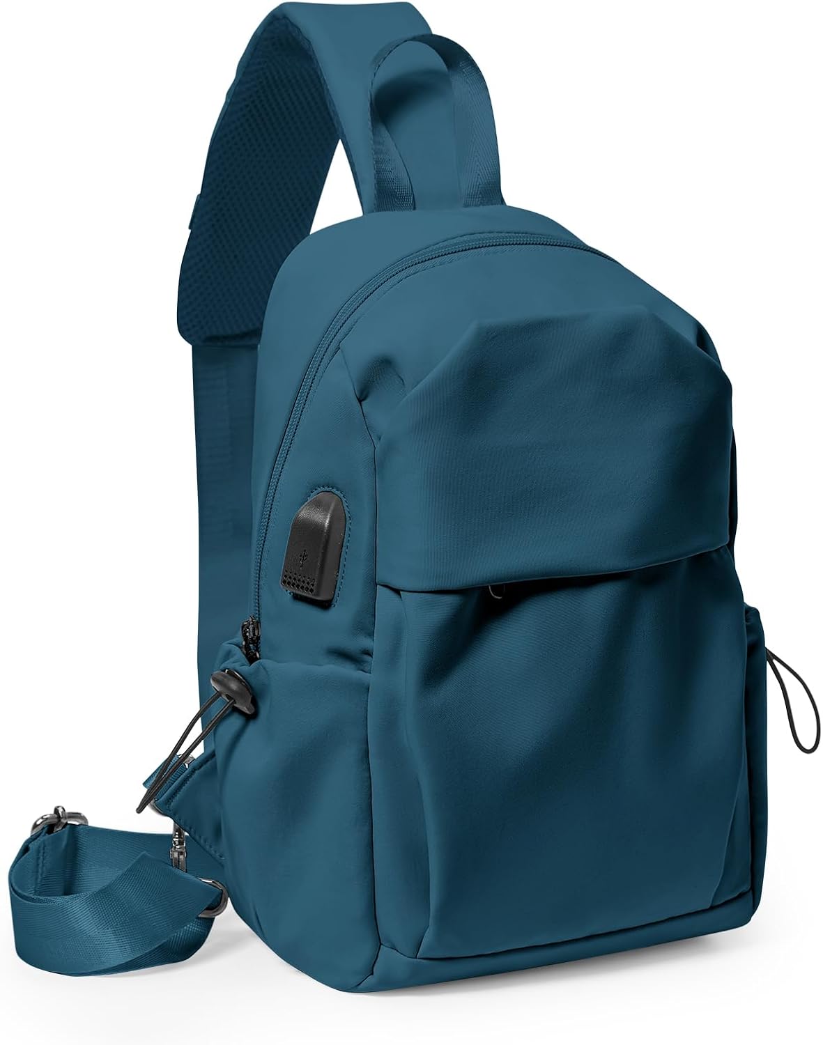 Small Black Sling Crossbody Backpack Shoulder Bag for Men Women, Lightweight One Strap Back Pack Sling Bag Backpack for Hiking Walking Biking Travel Cycling USB Charger Port-Nylon