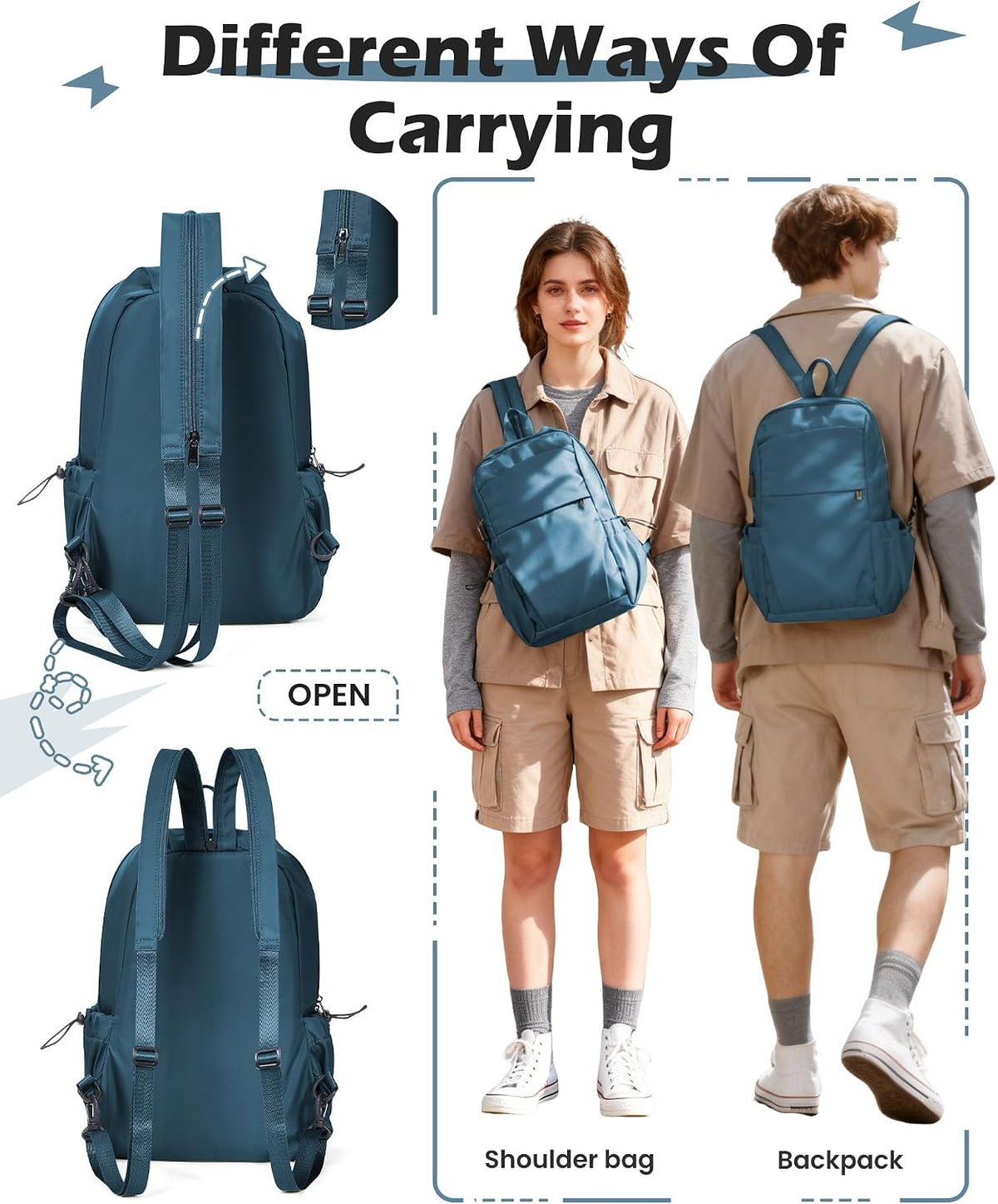 Small Black Sling Crossbody Backpack Shoulder Bag for Men Women, Lightweight One Strap Back Pack Sling Bag Backpack for Hiking Walking Biking Travel Cycling USB Charger Port-Nylon