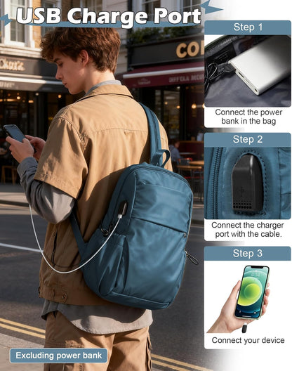 Small Black Sling Crossbody Backpack Shoulder Bag for Men Women, Lightweight One Strap Back Pack Sling Bag Backpack for Hiking Walking Biking Travel Cycling USB Charger Port-Nylon