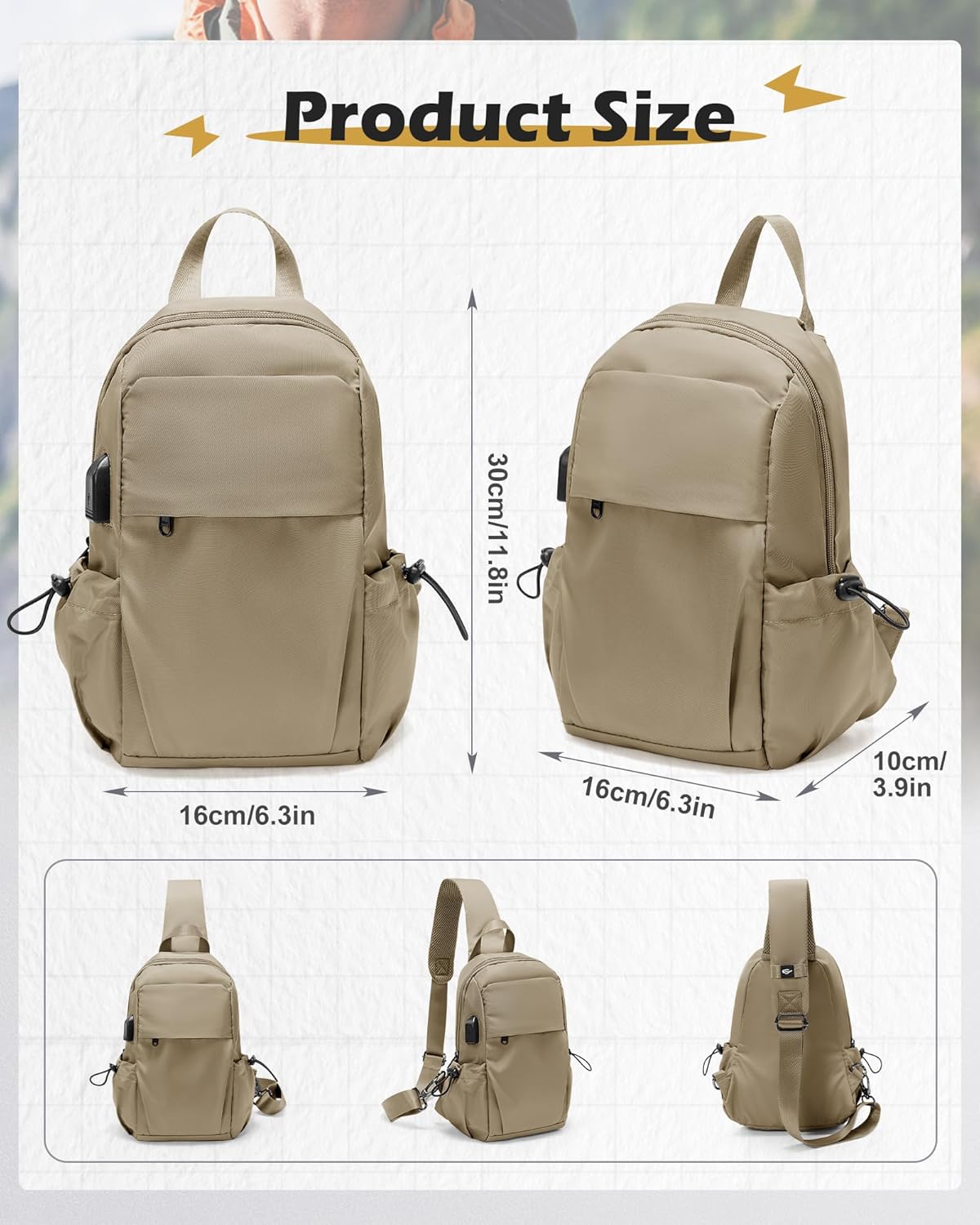 Small Black Sling Crossbody Backpack Shoulder Bag for Men Women, Lightweight One Strap Back Pack Sling Bag Backpack for Hiking Walking Biking Travel Cycling USB Charger Port-Nylon
